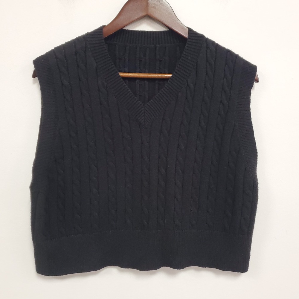 Womens Cable Knit Old Money Academia Sweater Vest Size XL‎ Black Tennis Prep